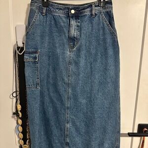 All Row Blue Denim Mid Rise Maxi Skirt with Pockets